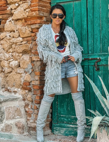 Kardigan damski z frędzlami ZOCCO szary - maWer Fashion