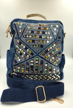  Torebko plecak z kryształami jeans MASSIMO CONTTI niebiesko złota