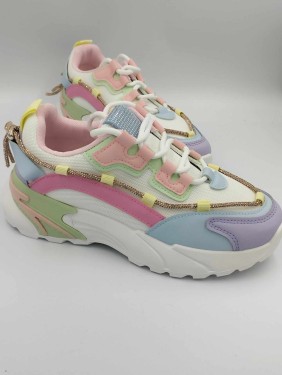 Buty sneakersy damskie z biżuteryjnym sznurkiem 7580 - biało niebieskie