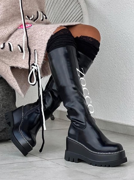Buty kozaki damskie na koturnie ZOCCO czarne - mawe Fashion