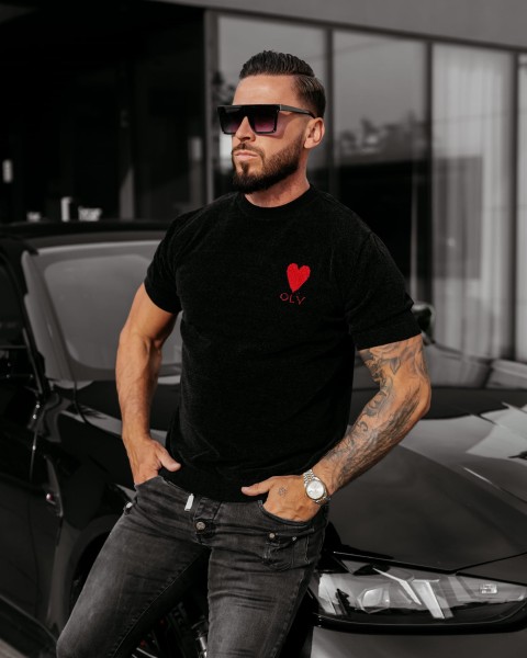 Dzianinowy t-shirt męski OLAVOGA LUV 2025 czarny - maWer Fashion