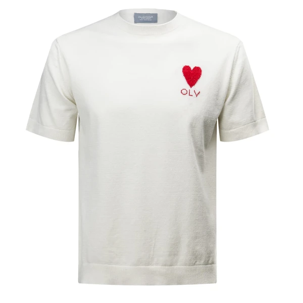 Dzianinowy t-shirt męski OLAVOGA LUV 2025 ecru - maWer Fashion