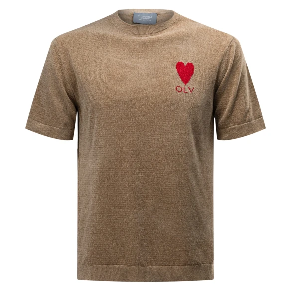 Dzianinowy t-shirt męski OLAVOGA LUV 2025 beżowy - maWer Fashion