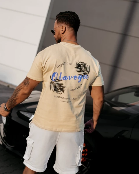T-shirt męski OLAVOGA PALM WAVE 2025 beżowy - maWer Fashion