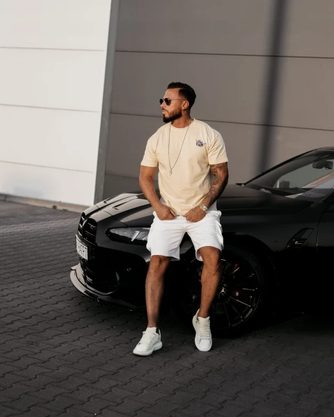 T-shirt męski OLAVOGA PALM WAVE 2025 beżowy - maWer Fashion