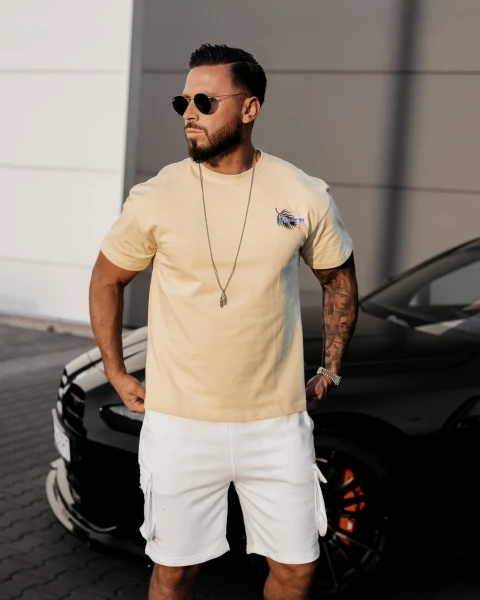 T-shirt męski OLAVOGA PALM WAVE 2025 beżowy - maWer Fashion