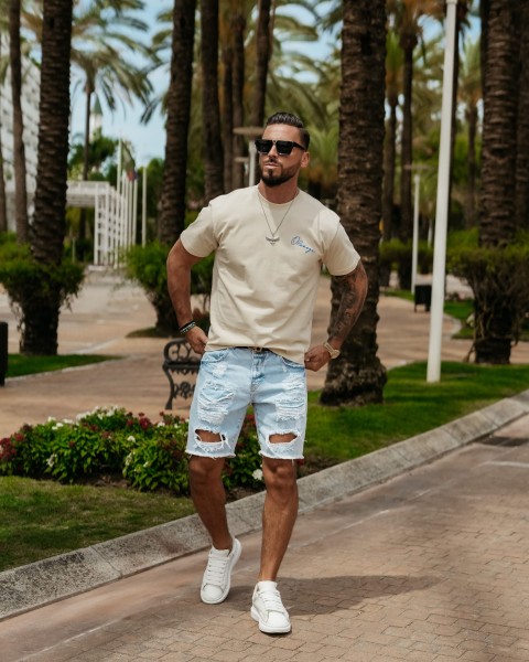 T-shirt męski OLAVOGA BLUE HARMONY 2025 beżowy - maWer Fashion