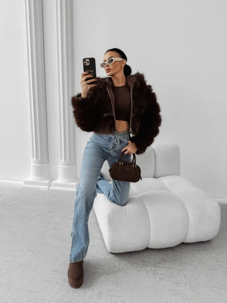 Futrzana kurtka damska OLAVOGA LANIKA 2025 brąz - mawershop