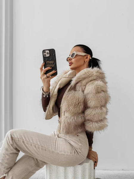 Futrzana kurtka damska OLAVOGA LANIKA 2025 jasny beż - mawershop