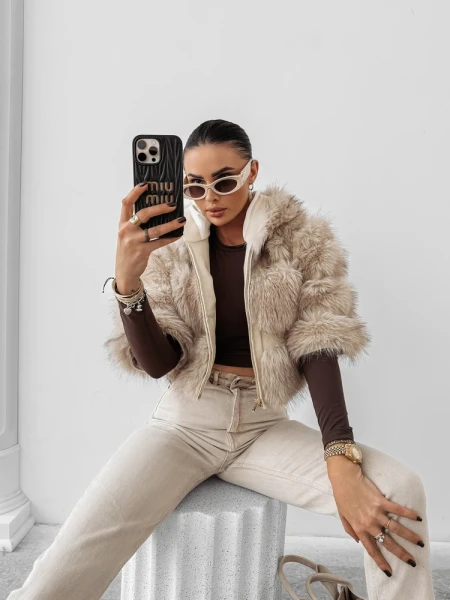 Futrzana kurtka damska OLAVOGA LANIKA 2025 jasny beż - mawershop