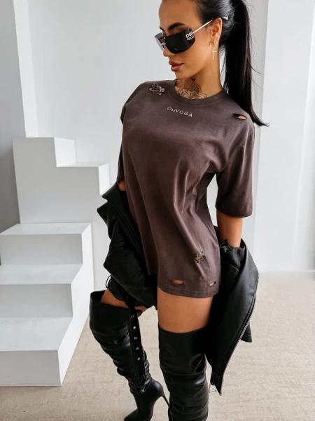 T-shirt damski OLAVOGA ZOANCE 2026 brązowy - maWer Fashion