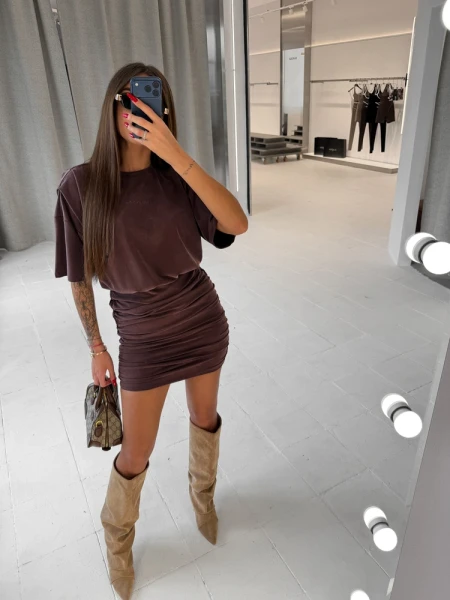 Sukienka damska OLAVOGA PERLO 2026 brązowa - maWer Fashion