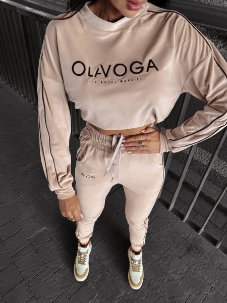 Welurowy komplet damski OLAVOGA DRESSY beż - maWer Fashion