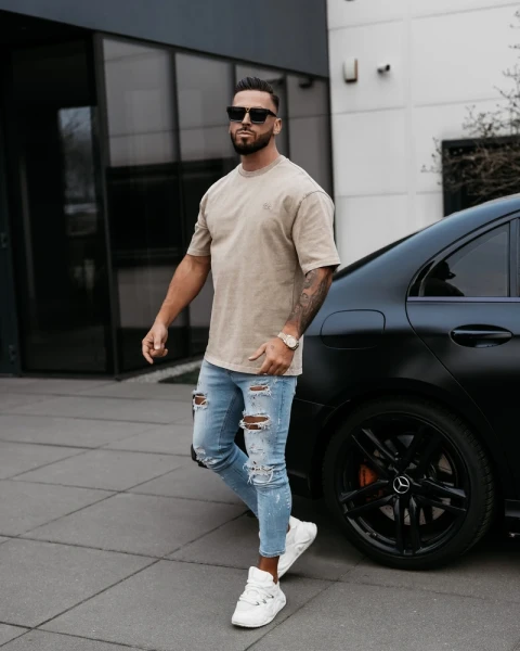T-shirt męski OLAVOGA WASHED 2025 beżowy - maWer Fashion